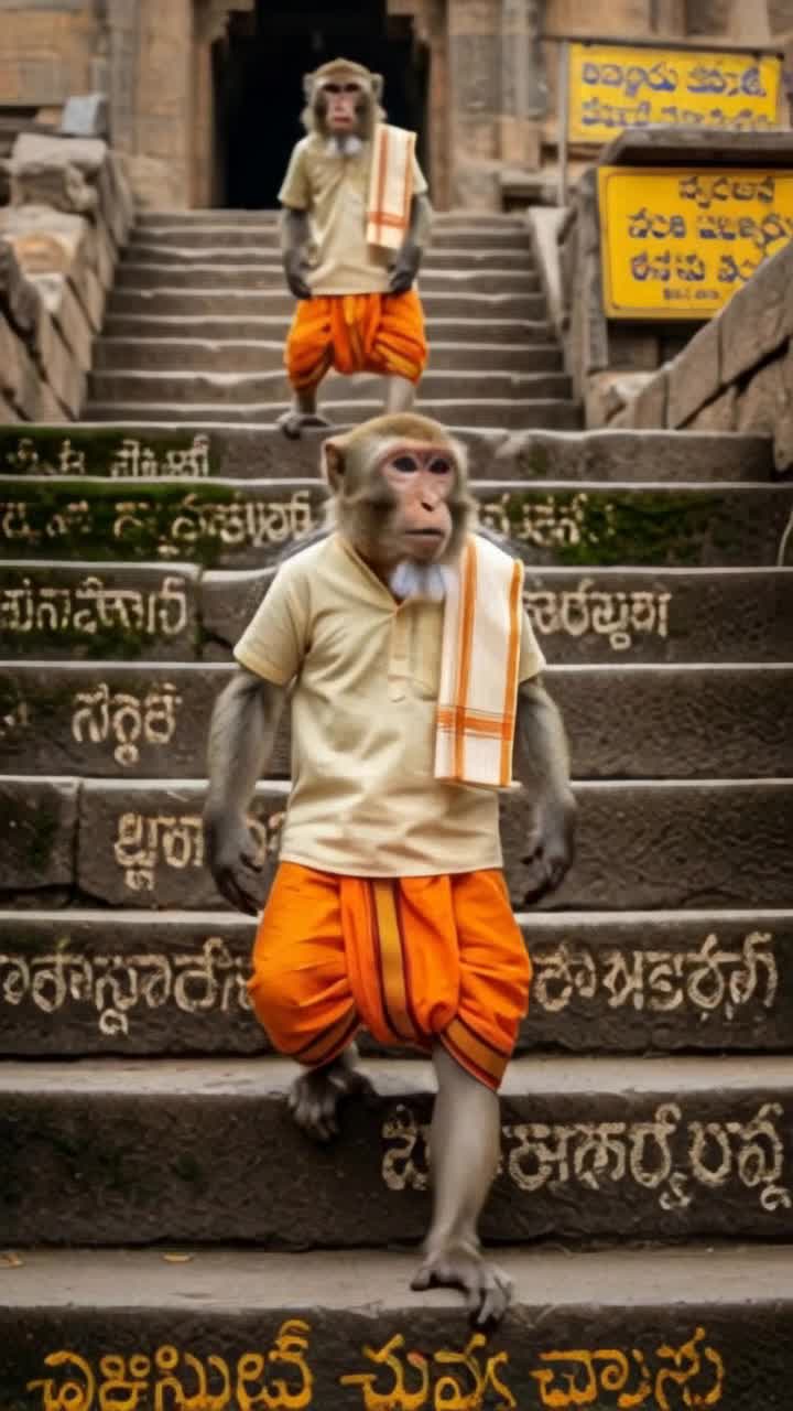 A realistic rhesus macaque monkey wearing traditional South Indian attire a neatly wrapped Kesari orange dhoti and a properly tuckedin creamcolored shirt The monkey is walking slowly and realistically, upright like a human, climbing the original stone steps of Tirupati AlipiriThe steps are aged stone with moss, natural weathering, and religious Telugu and Kannada signboards visible on the sides The monkeys movements are natural and humanlike steady breathing, realistic handleg coordination, subtle head balance, blinking eyes, and slight body sweat from the slow uphill climb