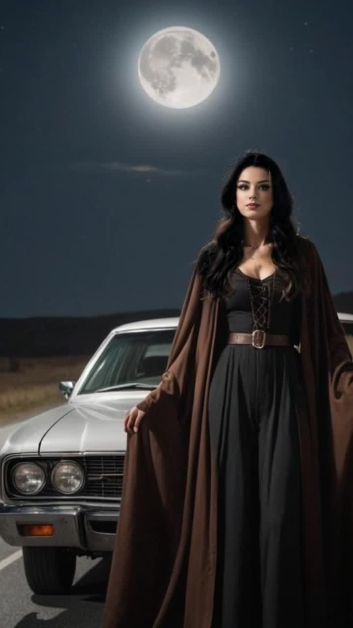 Enchanting woman dressed in an elegant flowing gown gazing curiously around her under the moonlight Vibrant stars twinkling in the expansive night sky illuminating her graceful features while she stands by a lonely winding road Tall trees casting long shadows creating an air of mystery as a gentle breeze rustles the leaves nearby Moonlight reflecting off her hair enhancing her ethereal beauty yet hinting at her isolation