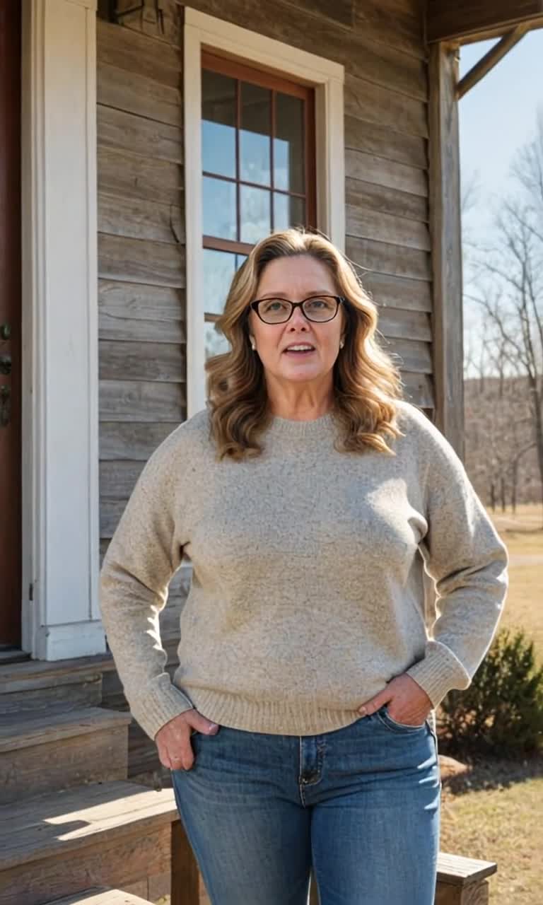 Woman standing on the front porch of a modest farmhouse on a sunny day in January in Appalachia, she is talking to the camera in an annoyed fashion as the camera slowly zooms in on her face 