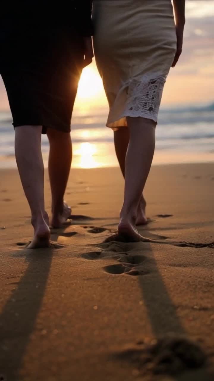two women walking slowly along a quiet beach at sunset, one in a black flowing skirt and the other in an offwhite skirt, camera low and offcenter, angled view focusing on their movement and footprints in the wet sand, soft waves touching the shore, ambient lighting with long shadows, surreal atmosphere, no faces visible, natural motion, cinematic mood