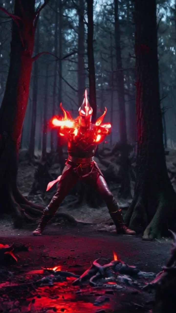 Radiant chosen warrior emanating brilliant atomic red energy delivering lightning-fast martial arts strikes sending fierce demons staggering back their twisted features twisting in shock glimmering dark forest filled with eerie shadows flickering hellfire illuminating the chaotic scene epic clash of light and darkness dynamic choreography high-intensity battle vibrant energy crackling through the air harsh growls echoing amidst the powerful blows tension soaring through the night sky palpable electric atmosphere