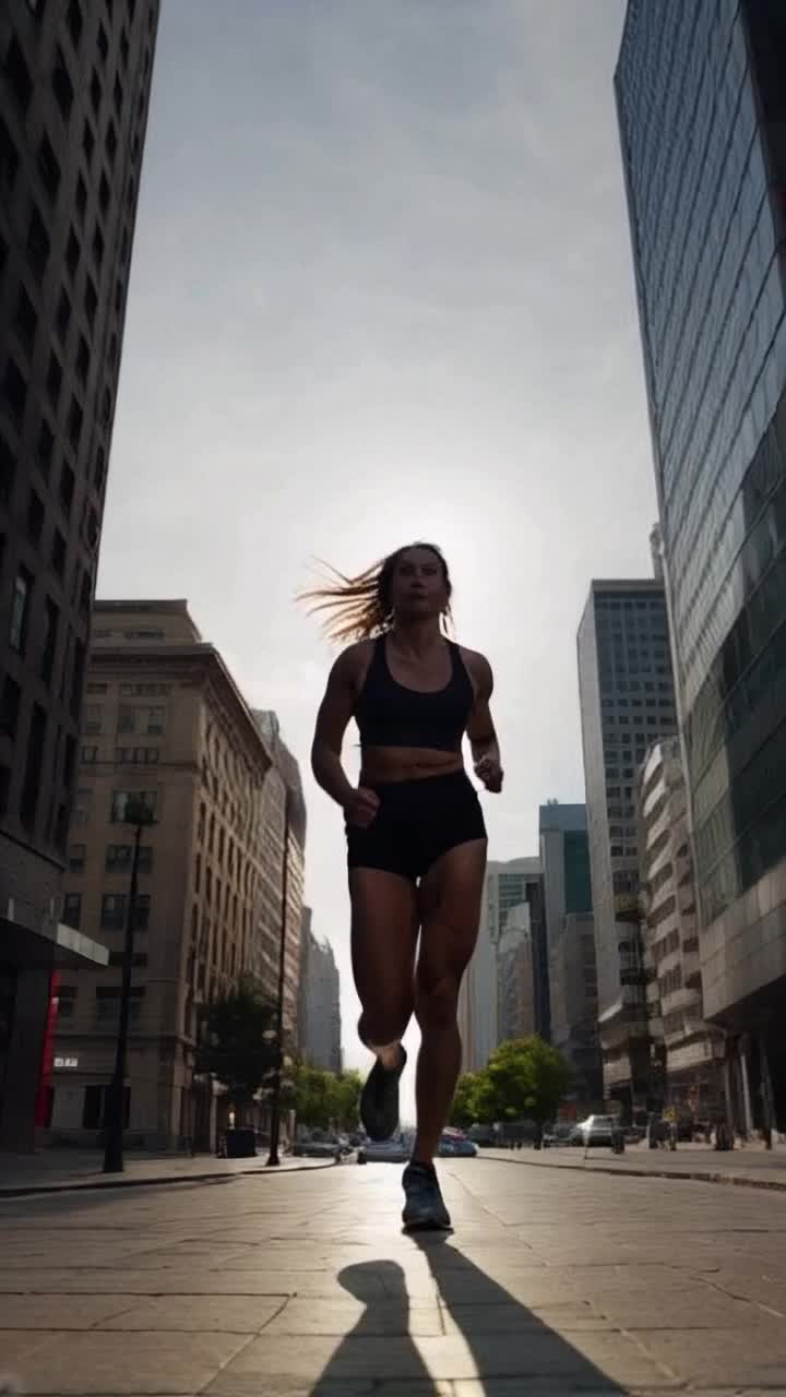 A towering athletic giantess with flowing hair wearing black shorts and a tank top sprints through a modern metropolis, her frame dwarfing glass skyscrapers that dont even reach her waist, Captured from a low side angle, the stationary camera emphasizes her dominance over the cityscape as her powerful strides send ripples through nearby buildings, Sunlight casts dramatic shadows across her determined face and the urban canyon, while scattered clouds cling to her shoulders, enhancing the surreal scale contrast