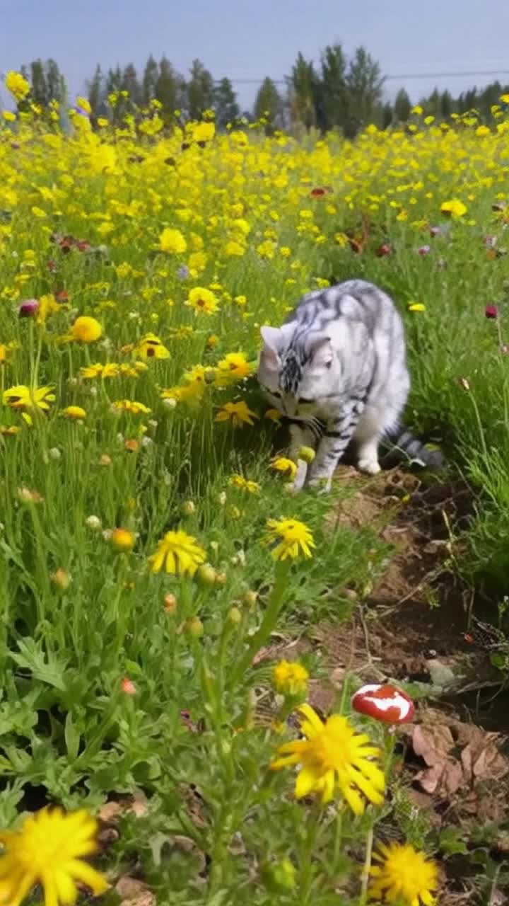 A gray tabby sniffs catnip in a sunny field of flowers where a small white spotted red cap mushroom is visible as the cat gets perked up and runs doing zig zag zoomies