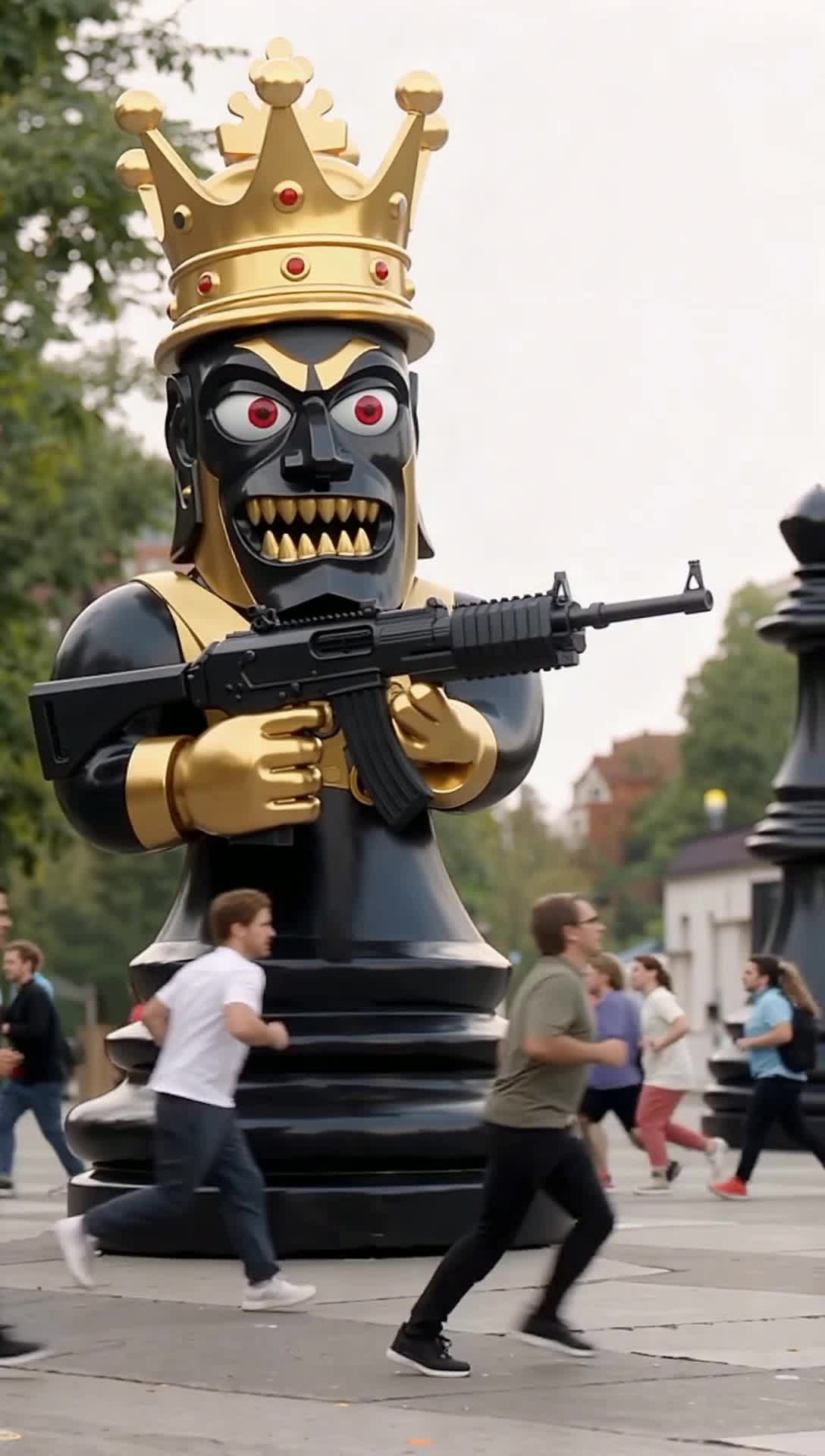 Black and gold king chess piece shooting off an uzi into the crowd thats running