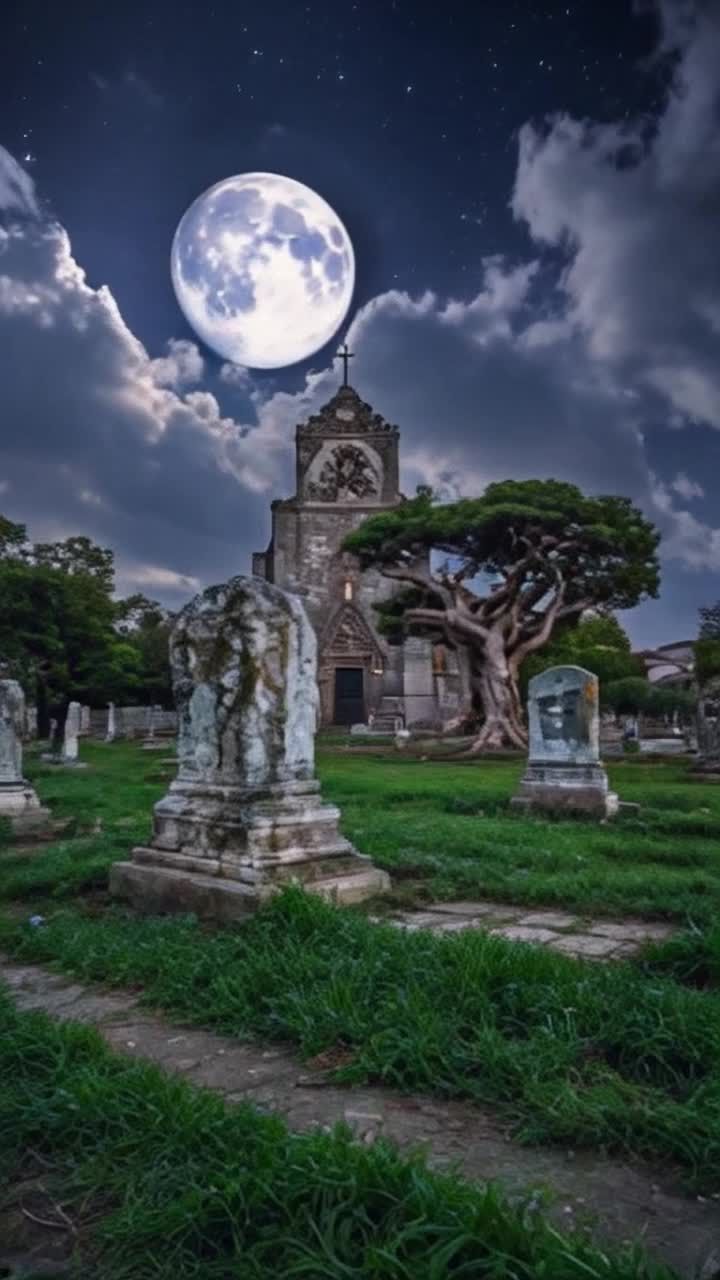 Ancient misty graveyard shrouded in thick green weeds crumbling marble statues taking animated steps under moonlit glow towering stone church with intricate carvings looming in the background mist swirling around intertwined roots beneath ancient trees sky bursting with dramatic clouds illuminated by radiant full moon shimmering with silver light 
