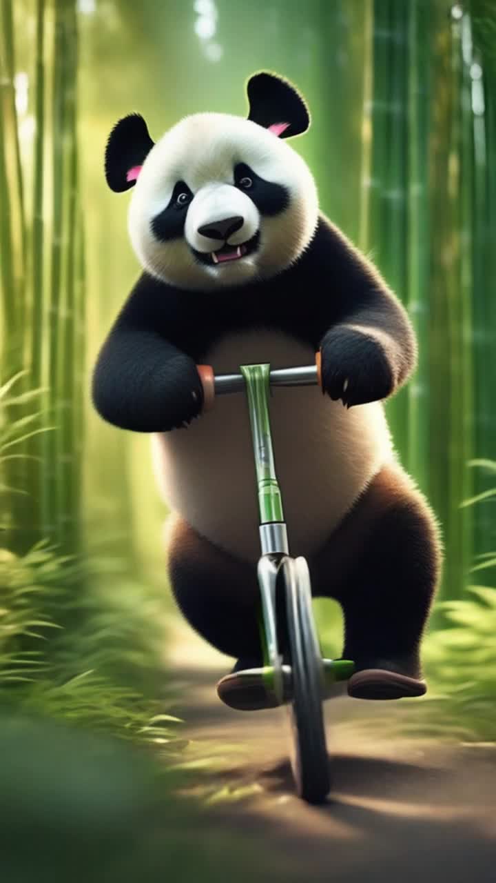 Fluffy panda expertly balancing on a shiny unicycle  Joyfully pedaling forward with playful determination  Vibrant green bamboo forest flourishing under soft sunlight