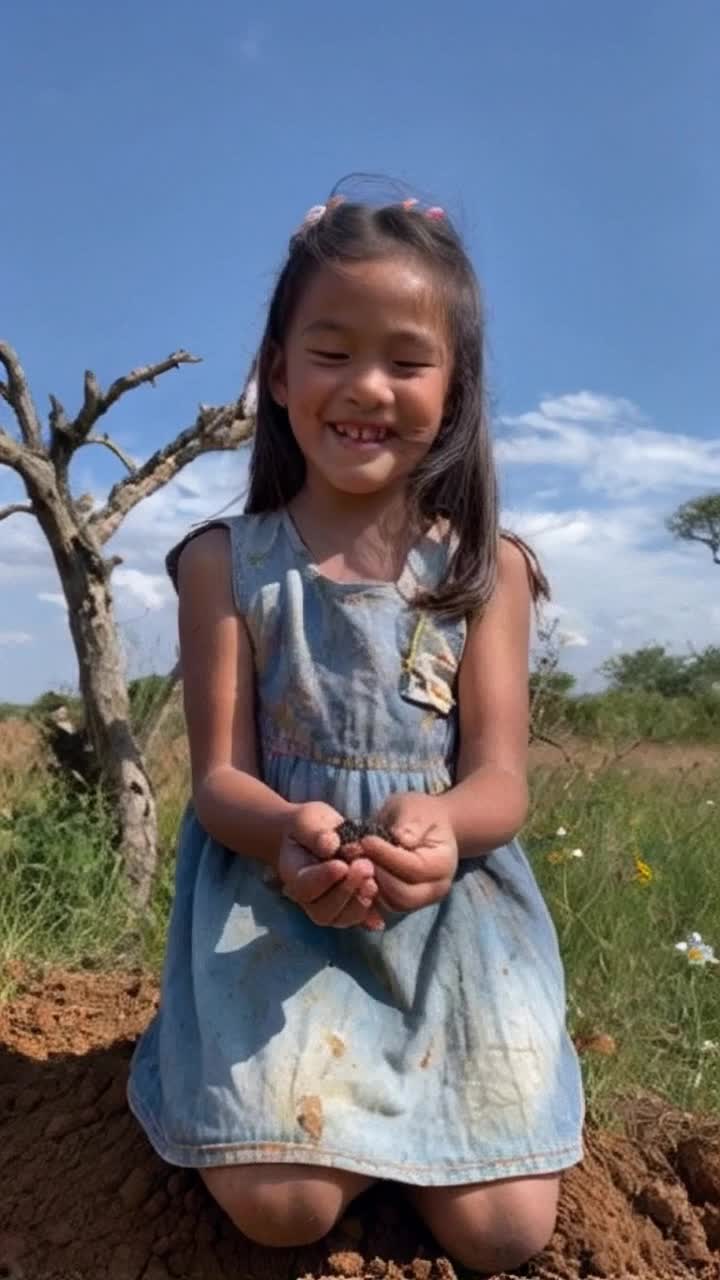 Young girl adorned in a faded dress with sun-kissed hair kneeling in parched earth gently cradling tiny seeds in her hands Joyful laughter dancing through crisp air like enchanting melodies Whispering wind rustles nearby wildflowers under a cloudless azure sky Hidden village with crumbling stone houses overgrown with ivy standing silent bearing witness to her vibrant spirit Sunlight filters through gnarled trees casting playful shadows on the ground as delicate blossoms peek from beneath barren soil