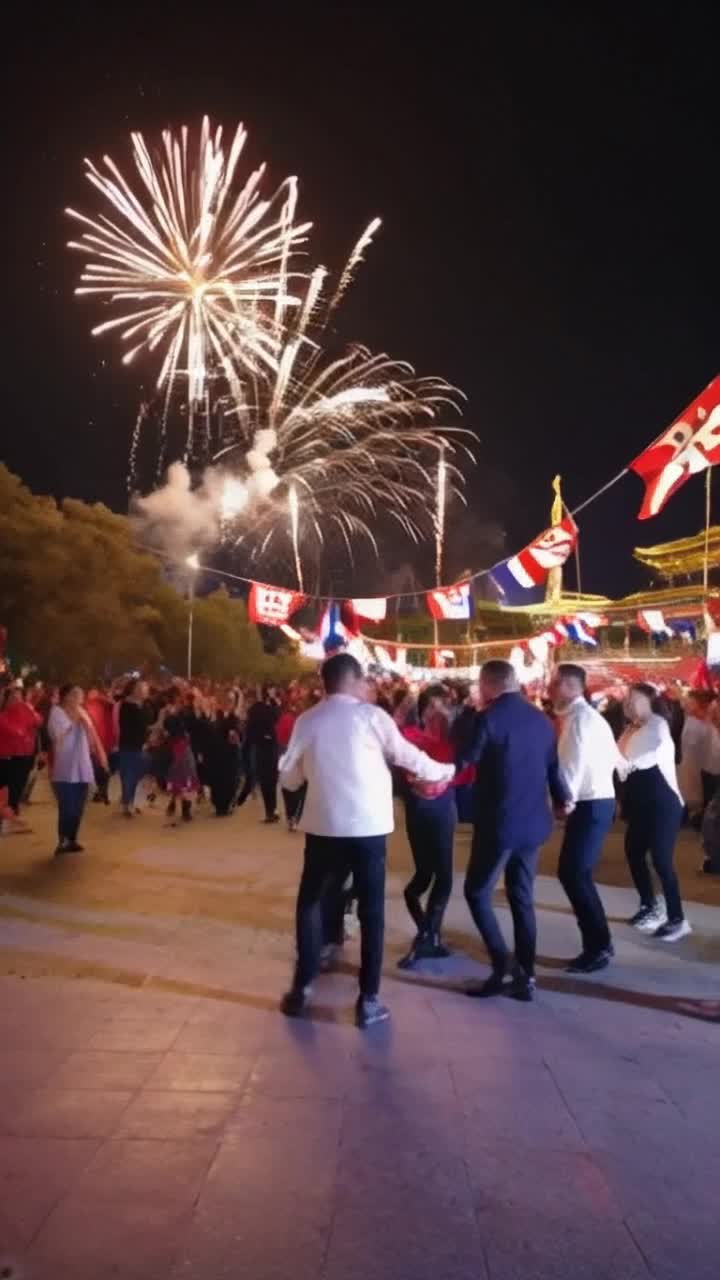 Joyous dancers adorned in vibrant red white blue attire twirling gracefully exuding energy bursting with enthusiasm Warm summer breeze carries rhythmic festive music pulsing from nearby speakers Streets alive with colorful flag banners swaying softly Glowing lanterns casting a magical light illuminating faces filled with joy Under a breathtaking display of fireworks blooming like flowers against a starry night sky Capturing an enchanting scene thick with excitement camaraderie celebrating unity Dancing together in perfect harmony surrounded by an electric atmosphere