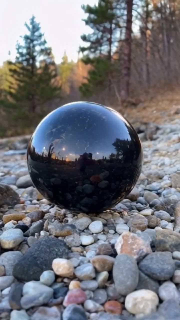 Close up of a black tourmaline sphere reflecting morning sunlight among mountain stream pebbles, misty pine, cedar and oak trees nearby A herd of antlers deer are also feeding