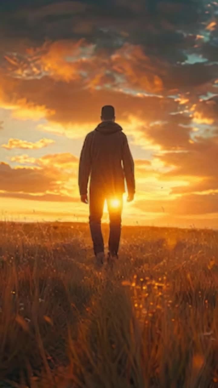 man walking quickly through a field