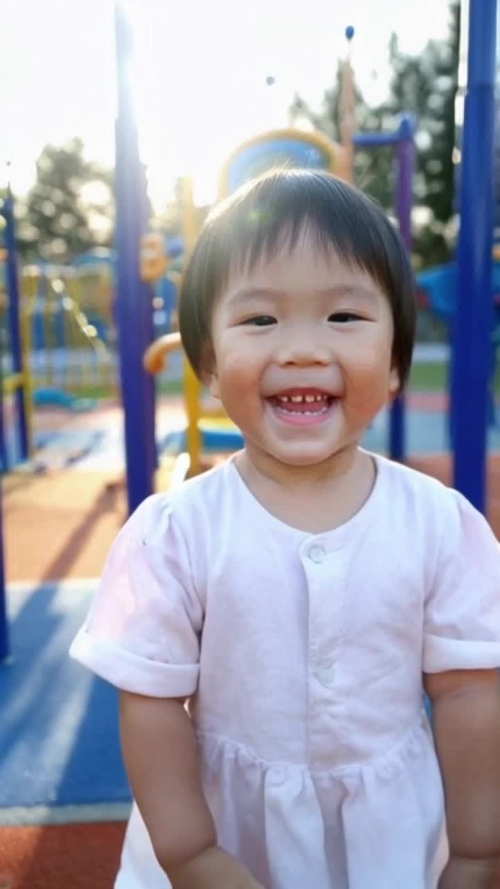 DefhgCheerful child waving excitedly with bright smile  Jumping joyfully expressing delight  Vibrant playground filled with colorful equipment sunny day