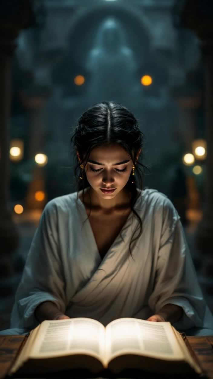 Sad girl seated in dimly lit room gazing at open book filled with daunting words  Slowly rising she walks through vibrant temple courtyard surrounded by soft drumbeats and ringing bells  Magnificent Mahagauri materializes dressed in radiant white glowing with serene strength  Eyes closed she meditates channeling inner peace and confidence transforming her expression into serenity  Confidently returning to her workspace she gently closes the book while uplifting music swells in triumphant celebration  Text appears invoking ancient Sanskrit with divine messages and strength capturing essence of belief and devotion