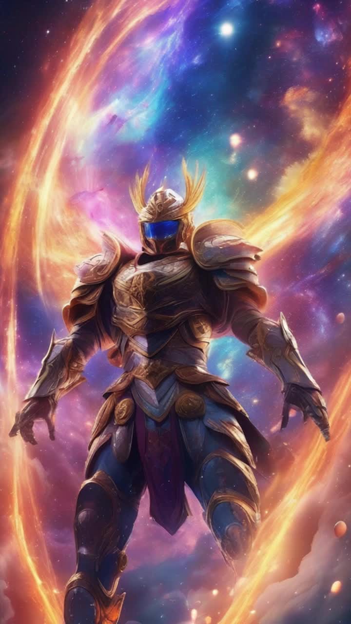 Glowing celestial warrior clad in radiant armor Surging with raw energy as he unleashes potential Dazzling cosmic backdrop filled with swirling galaxies and vibrant nebulae