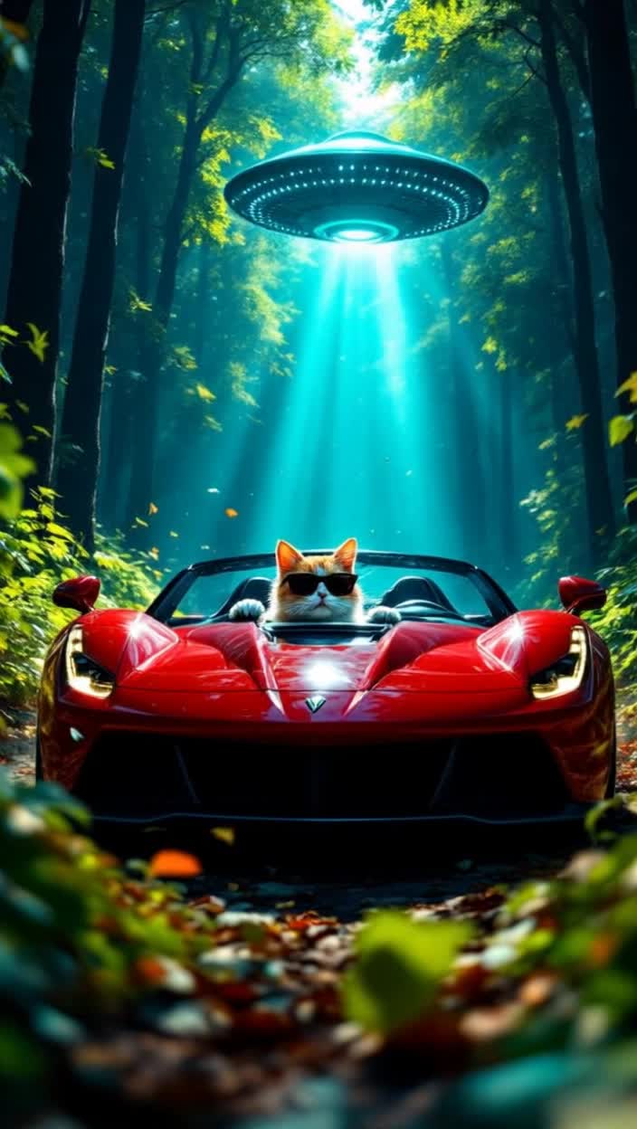 Cool cat in flashy sunglasses behind steering wheel of sleek red sports car speeding through dense vibrant forest racing against a menacing glowing UFO hovering above tall trees with beams of light piercing through thick foliage sunlight filtering through leaves creating a kaleidoscope of shadows on the forest floor adrenaline pumping as leaves swirl in the wind engine roaring through winding paths of natures playground