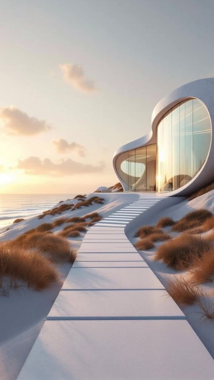 Villa futurista y minimalista frente al mar, integrada en dunas de arena, con arquitectura de vidrio curvo y mrmol blanco Iluminacin de golden hour, sombras largas y dramticasLa cmara se desliza suavemente por un sendero bioluminiscente que conduce a la entrada Olas suaves tocan la arena blanca Efectos de lens flare y aberracin cromtica sutilSonido ambiental viento suave, olas y un zumbido sinttico envolvente Estilo hiperrealista, elegante y cinematogrfico
