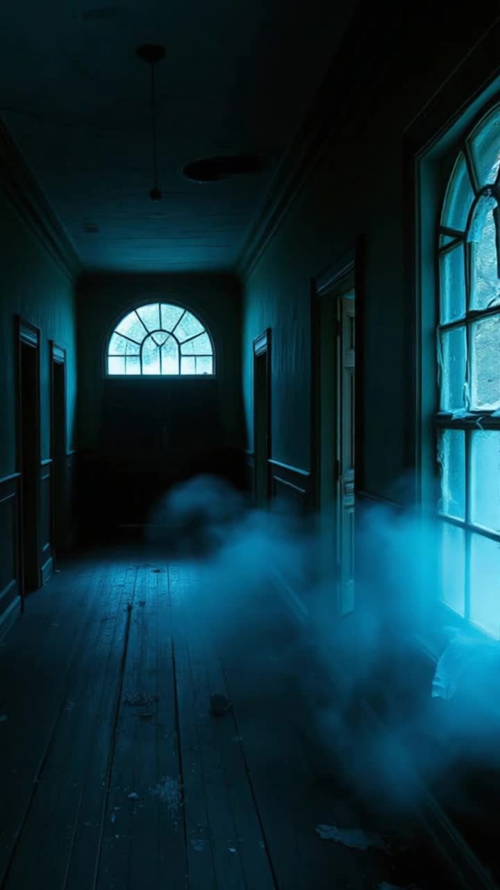 Damp corridor shrouded in shadows stretches through a longabandoned manor Walls adorned with peeling paint tell tales of forgotten times Floor groans and shifts beneath a spectral breeze Bluish mist rises from the end coiling like a ghostly serpent Cold frost creeps across warped floorboards curling around shattered windowpanes Unseen chill manifests into hauntingly elegant limbs every surface glimmering with frozen dew Atmosphere thick with pervasive dread echoes a history long buried Gothic architecture looms ominously in wintry stillness Light dances through cracks illuminating haunting details creating an epic cinematic experience