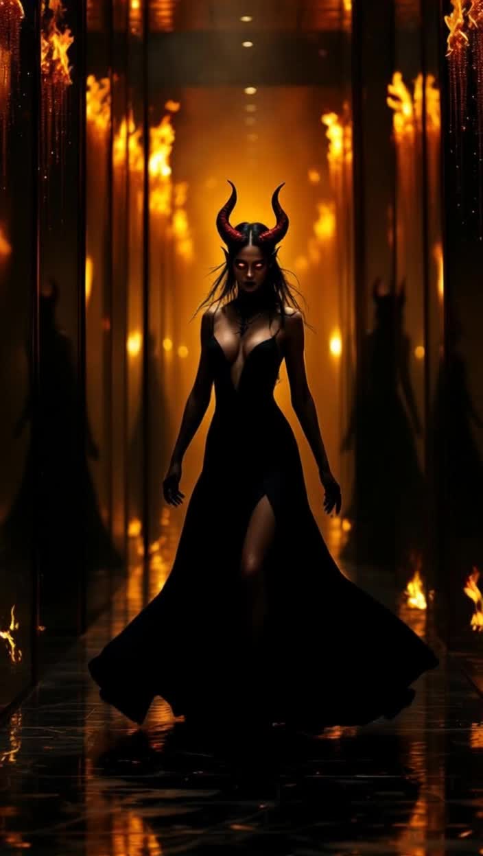 A beautiful devil woman, dancing in a room of flames and mirrors 