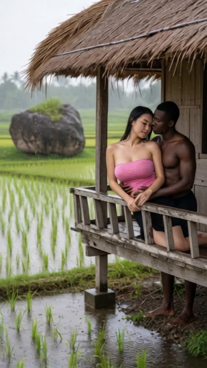 heavy rain, man hugs woman tightly romantically