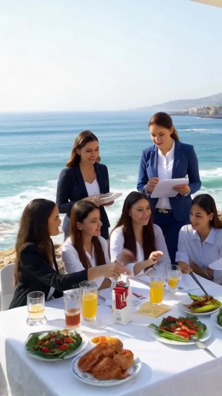 One enthusiastic representative of Erasmus placement agency wearing professional attire guides nine eager French students aged nineteen through excitement of their upcoming journey Tall vibrant Cyprus coastline forms backdrop with distant waves crashing on sunlit shores The representative animatedly explains internship structure highlighting administrative tasks while students engage actively asking questions about local culture and daily schedules Lively discussion fills air as refreshing beverages and traditional Cypriot dishes are served creating a warm welcoming atmosphere perfect for cultural exchange