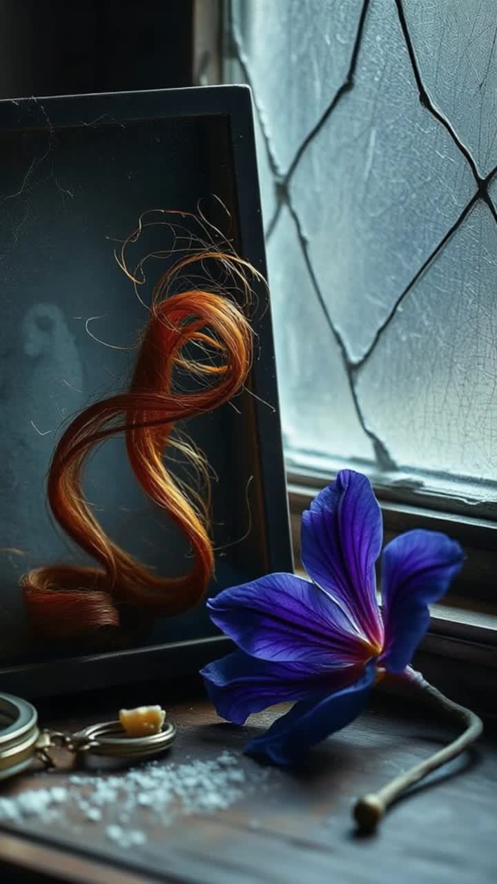 A decaying wooden table lit by dim candlelight Resting atop a faded velvet cushion in an old glass keepsake box, a delicate curl of auburn hair is preserveddry and fragile, yet hauntingly intact The glass is fogged with age and grief Around it, dust swirls in slanted moonlight from a cracked window The air feels reverent, sorrowful Beside the box lies a forgotten locket, halfopen, and a pressed violet flower, nearly turned to ash The scene whispers of love lost long ago but never truly let go Gothic, tragic, and sacred