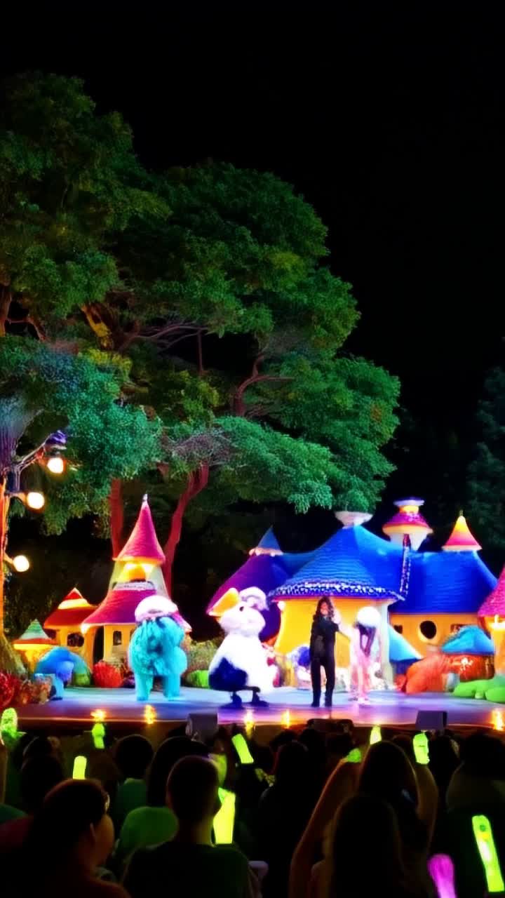 Rihanna on stage dazzling crowd with colorful Smurfs surrounding her including Papa Smurf Smurfette Brainy Smurf Hefty Smurf Clumsy Smurf Grouchy Smurf Handy Smurf dancing joyfully  Vibrant Smurf Village nestled among lush green trees cheerful mushroom houses twinkling fairy lights overhead creating magical atmosphere  Audience of enchanted Smurfs swaying along to the beat in a nighttime celebration filled with laughter and excitement