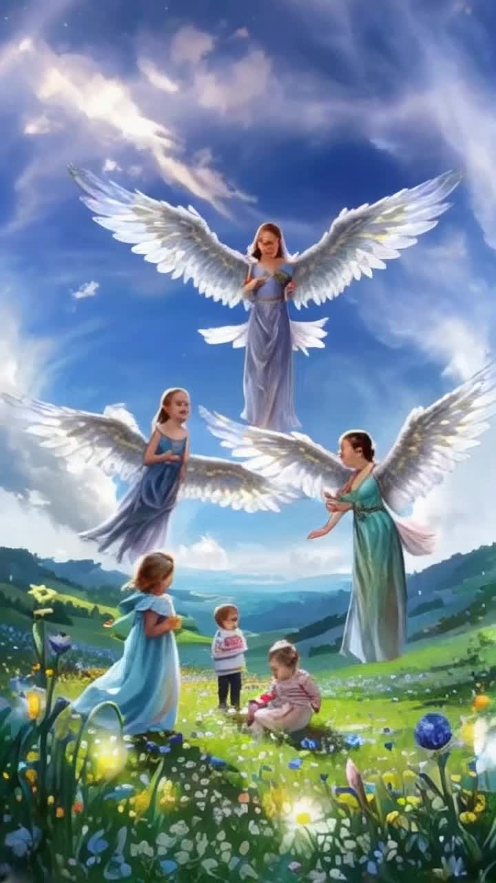Radiant angels with shimmering wings floating gracefully Above joyous children laughing and playing in a sunlit meadow Surrounded by vibrant wildflowers swaying gently in the breeze Under a sky painted in brilliant blues and wispy clouds Creating a magical atmosphere filled with laughter and innocence