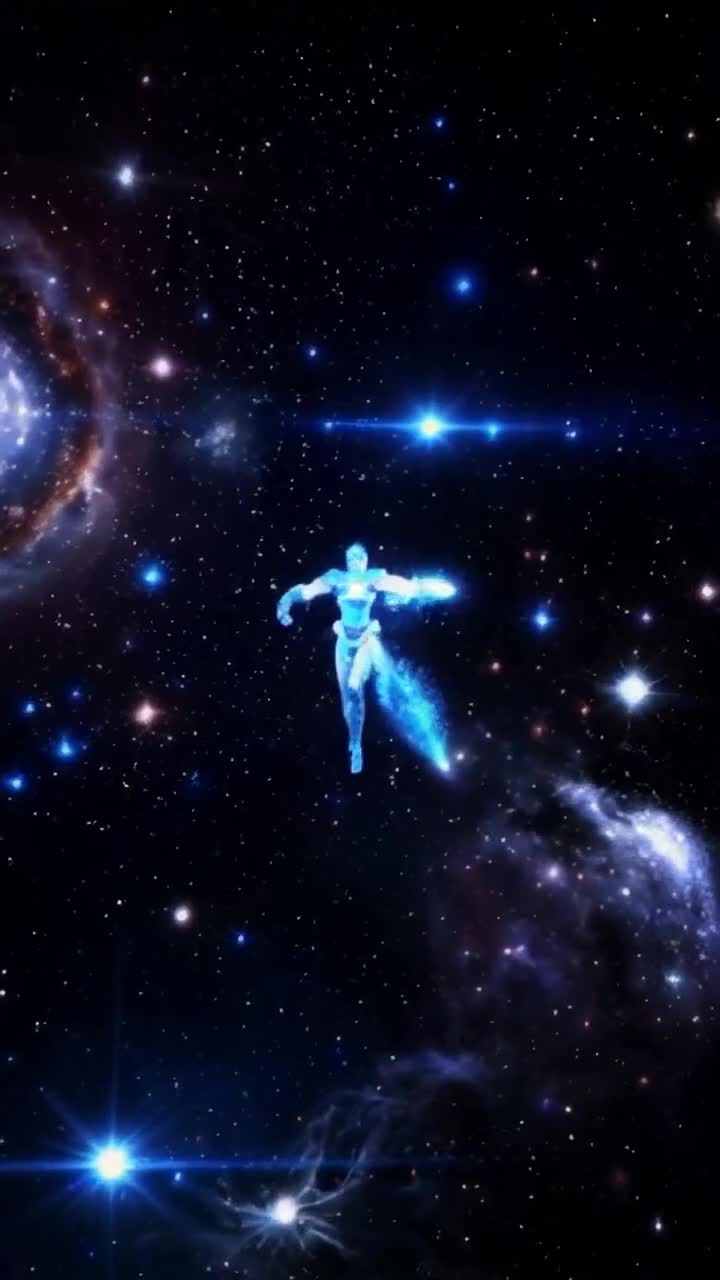 Chosen warrior from luminous seventh dimension shining with vibrant atomic blue energy wearing striking spiky hair twirling joyfully celebrating divine revelation unleashing his immense powers in a vivid display of light Surreal cosmic landscape filled with swirling galaxies and distant stars surrounding him creating an ethereal atmosphere of wonder Misty nebulae pulse softly in the background as colors explode like fireworks illuminating his dance Radiant beams of energy spiral around him reflecting his joyous spirit