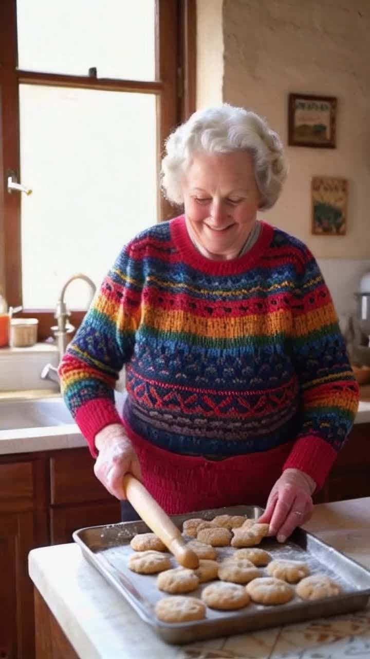 Joyful grandmother with rosy cheeks wearing a colorful knit sweater bakes cookies in a cozy kitchen rolling dough with cheerful enthusiasm in the air Warm sunlight streams through checkered curtains illuminating vintage recipes lining the walls Flour dust swirls around her as playful grandchildren giggle in the background trying to sneak bites from the cookie tray