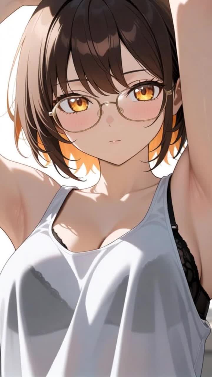 The woman grows taller and larger, causing her toned midriff and her later her shorts to rise into view, her face rises out of frame as she stretches higher and higher 