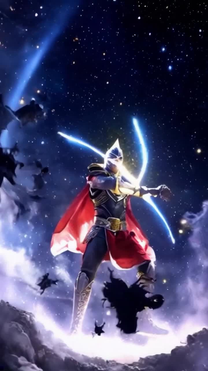 Heroic warrior radiating blazing energy effortlessly dispatching shadowy foes with a graceful flick of his wrist radiant light illuminating the starlit night sky swirling cosmic colors depicting a celestial battlefield echoes of past battles resonating in the air