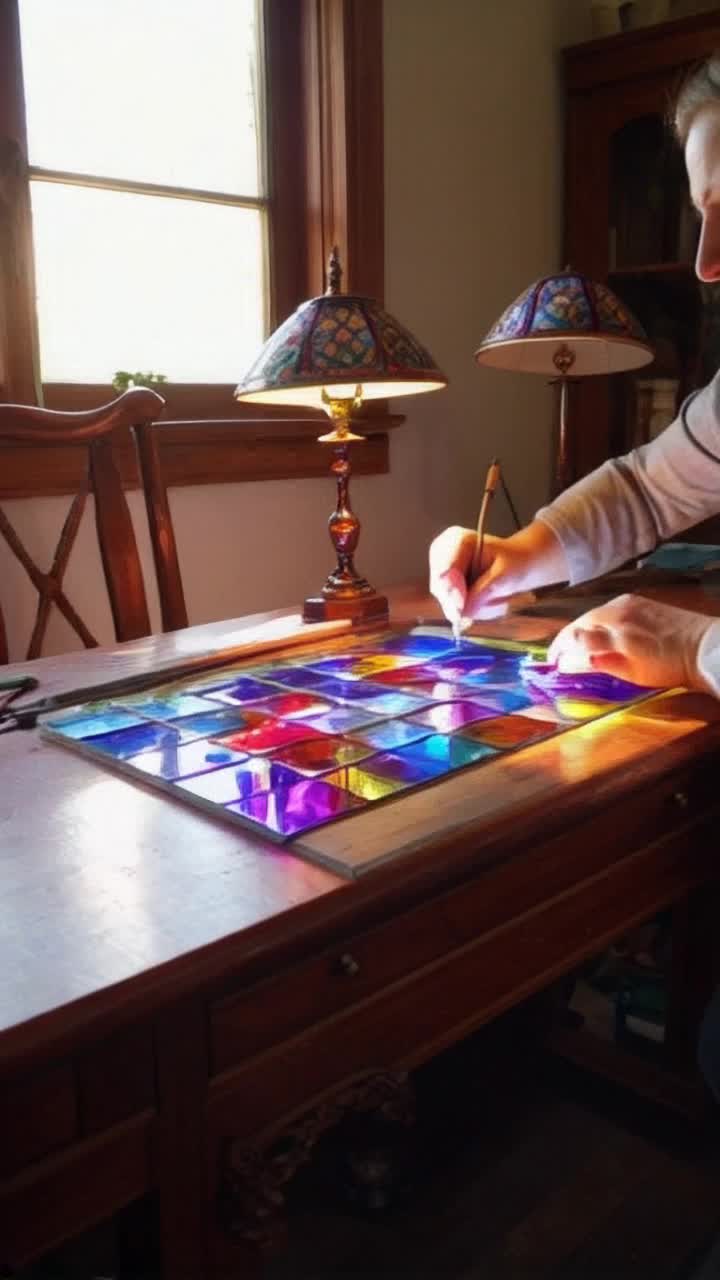 A hobbiest chisels pieces of stained glass flaring in bright colors through the home workspace sunlit window, with a couple of Tiffany style lamps on the cherry wood desk already having the room well lit
