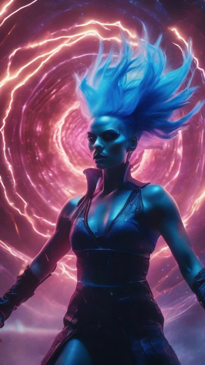 High vibrational warrior with spiky electric blue hair radiating atomic energy flexes fiercely launching pulsating energy waves that burst forth illuminating shadowy demonic figures retreating in chaos spiraling into darkness surrounded by swirling mist and bursts of vibrant color flickering between hissing shadows revealing glimmers of fear and desperation as the ground trembles beneath their chaotic movements