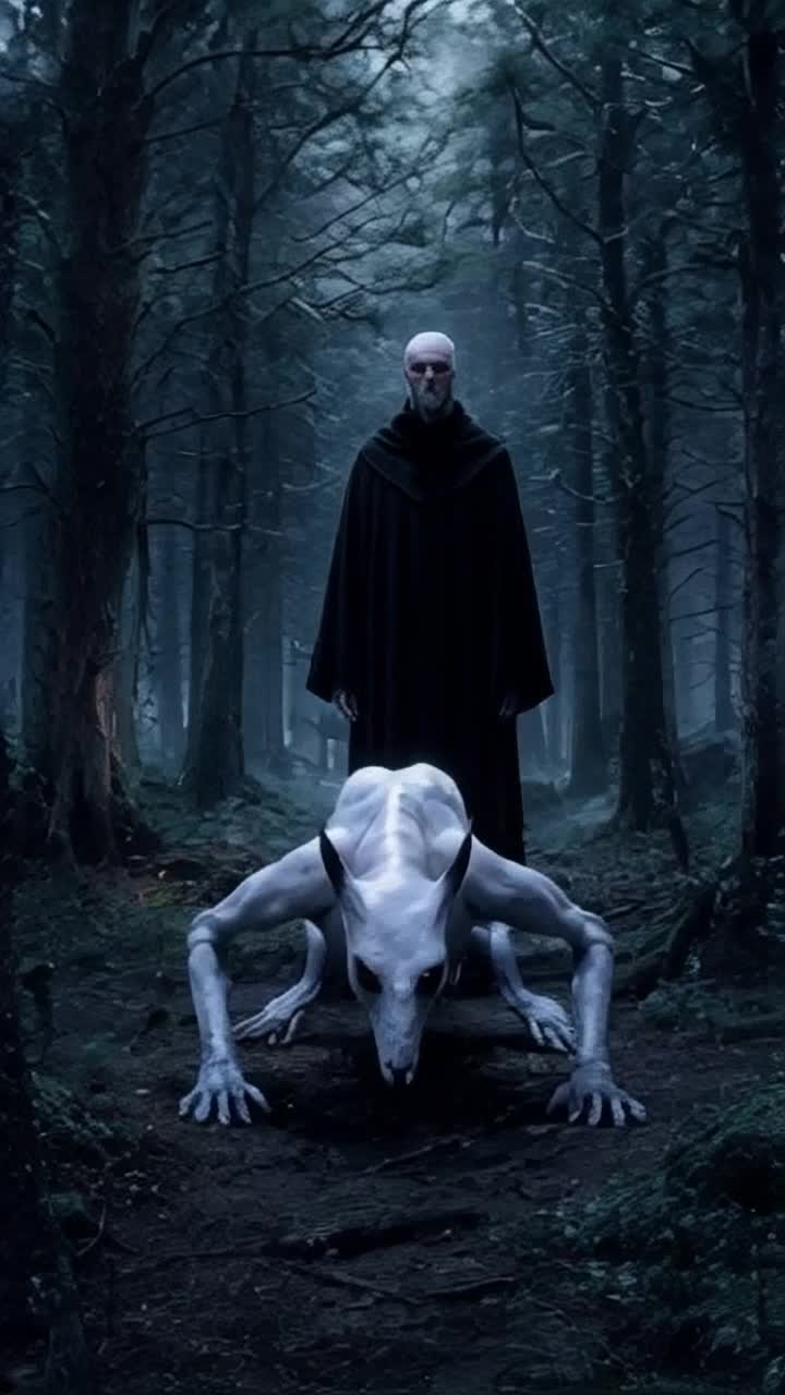 Creepy pale humanoid creature with a Gregorian monk standing behind it in a woods, hairless, black eyes, no mouth, crawling on all fours, elongated skinny limbs, dark and ominous, fog filled woodland, high contrast, shadows playing on creatures skin, moonlight filtering through dense treetops, by HR Giger and Junji It 