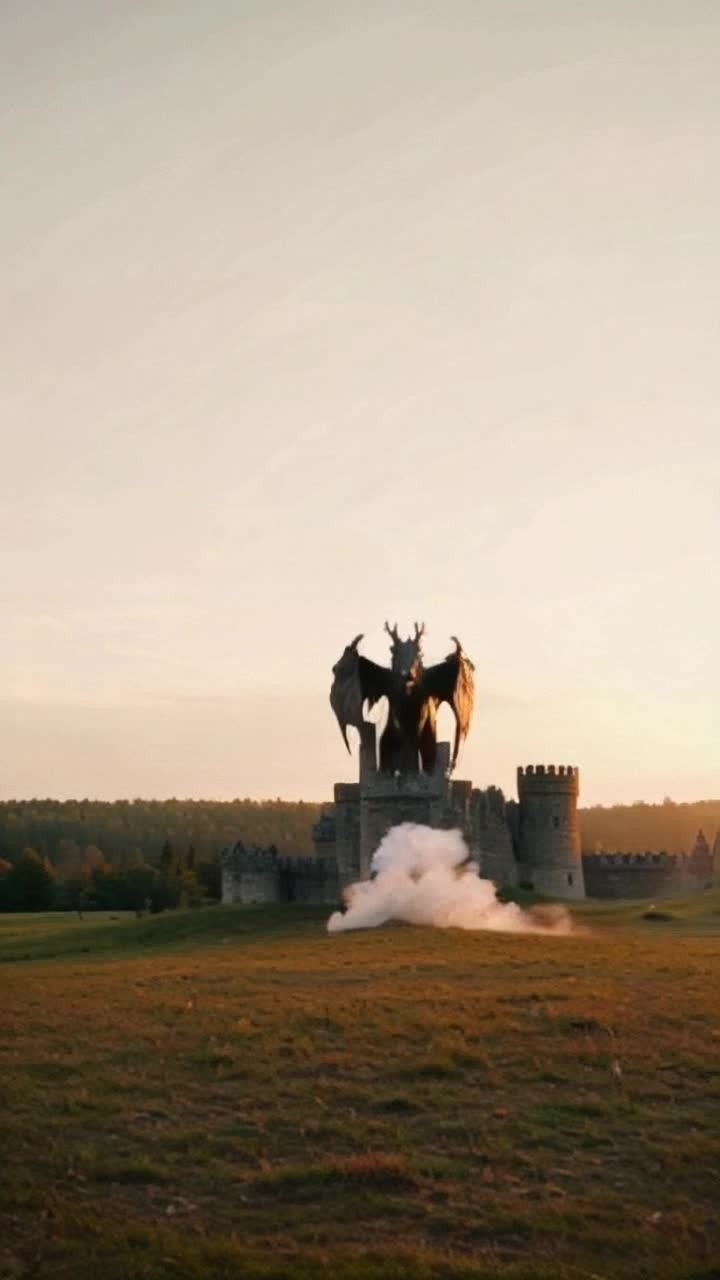 A Majestic black dragon forms like smoke out of the blue, flapping wings flying over medieval castle in the forest at golden hour 