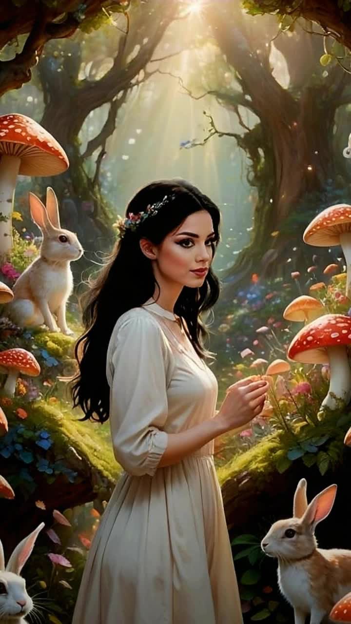 Elegant woman adorned in flowing vibrant dress stands gracefully surrounded by whimsical bunnies hopping playfully in a colorful psychedelic mushroom forest glowing with neon hues of pink blue and green twinkling lights dance among oversized mushrooms as the woman smiles and twirls in delight enchanted forest path leads to a swirling portal shimmering with cosmic energy pulsating with vibrant colors inviting her to another magical destination filled with wonder and adventure