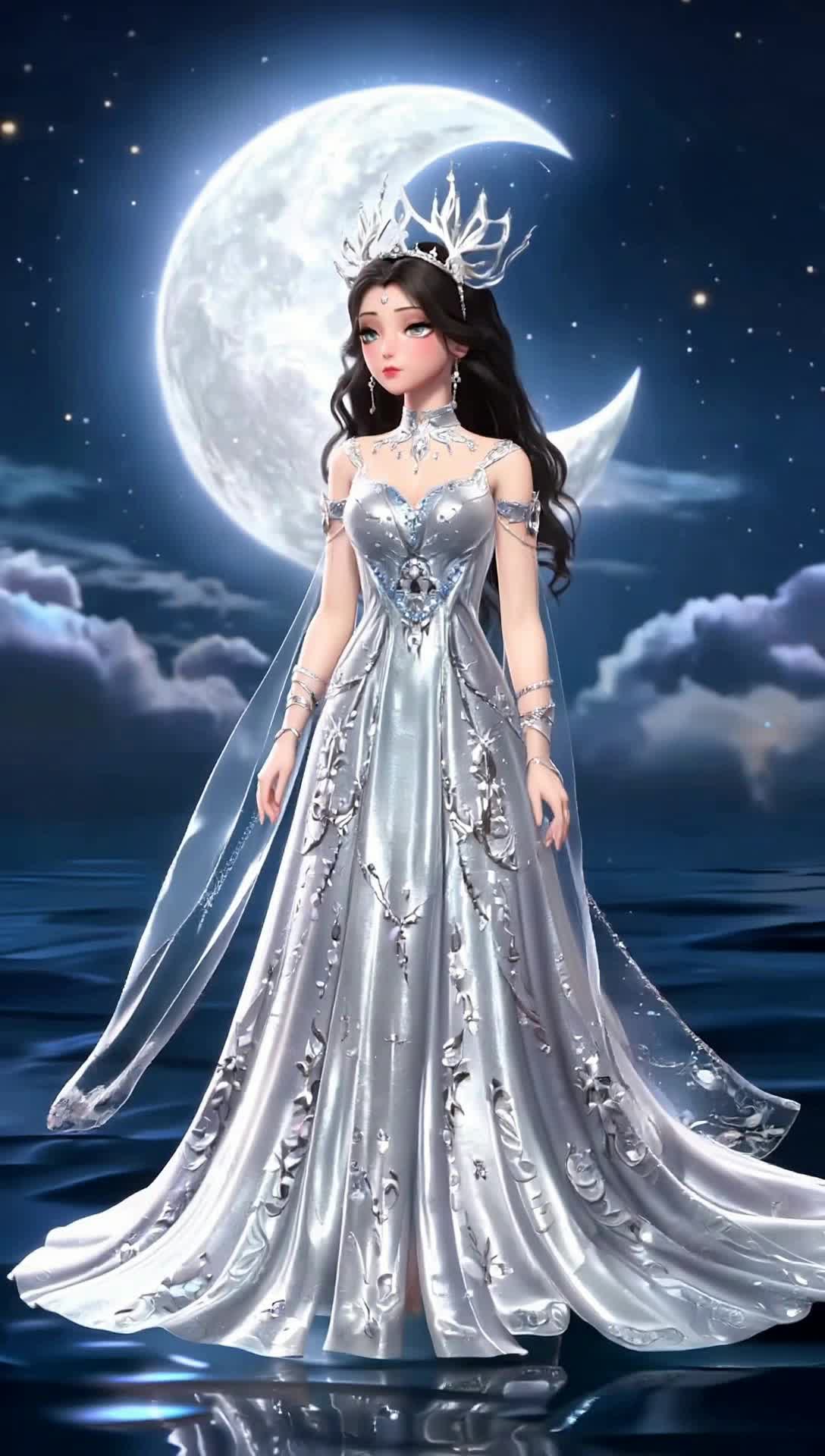 selene the greek moon goddess is beautiful with a crescent moon crown and silver gown being light up by moon light