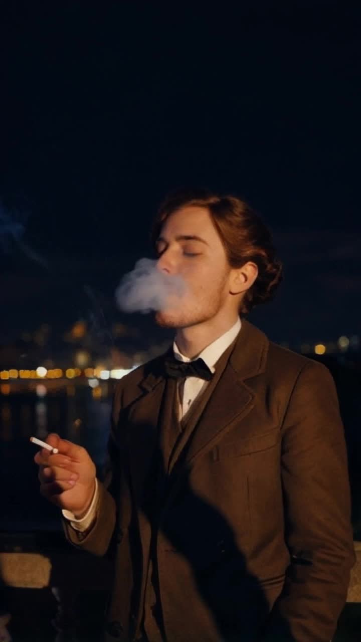 Puffing clouds of swirling smoke emanating from a solitary figure dressed in vintage attire with a contemplative expression on their face exhaling rhythmically against a dusky twilight backdrop shimmering with the glow of distant city lights illuminating the scene shadows dancing playfully around them