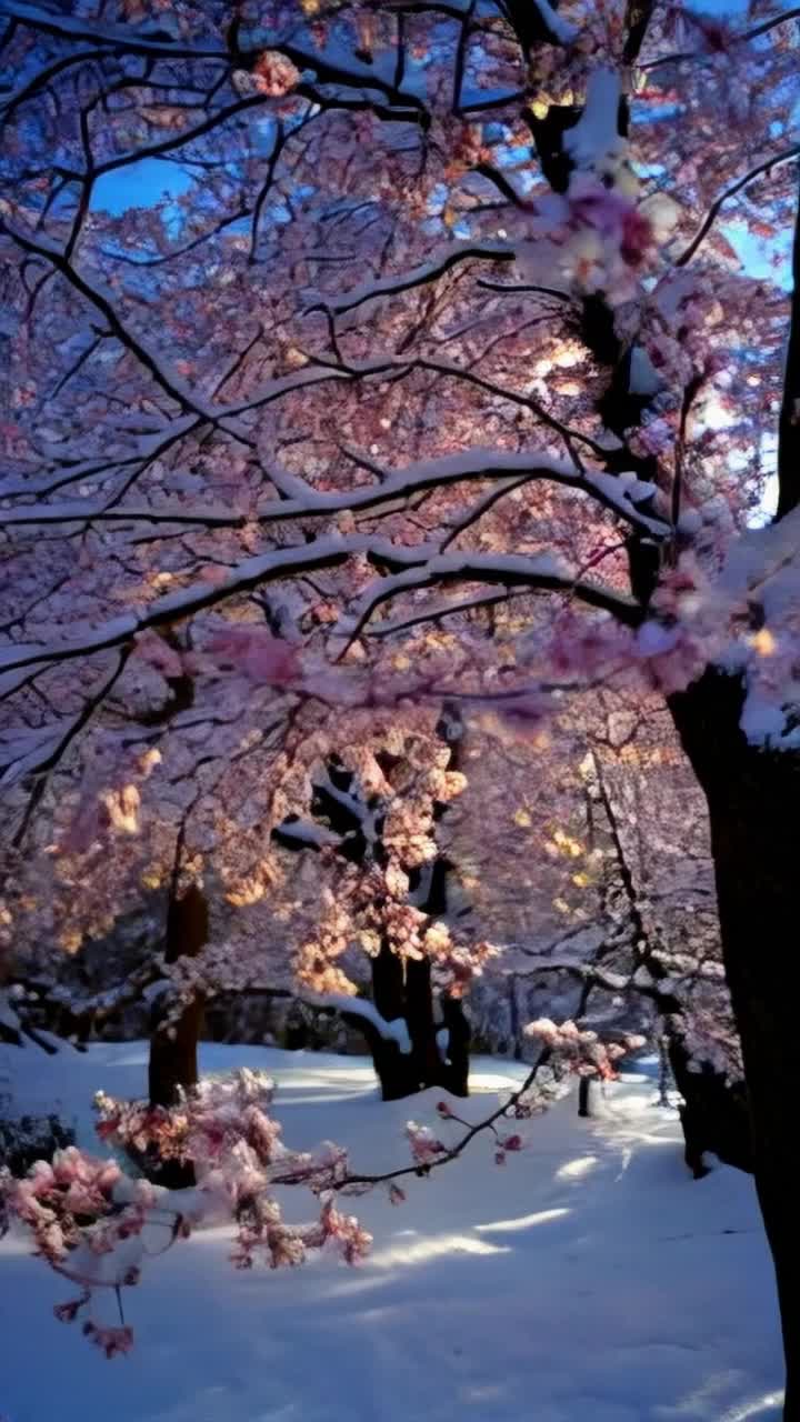 Colorful blossoms in radiant hues swaying softly under gentle summer breezes delicate snowflakes cascading softly blanketing the ground in velvety white graceful transition from vibrant blooms to serene stillness as seasons evolve harmoniously sundrenched gardens shifting to peaceful snowy backdrops beneath a shimmering winter sky mesmerizing timelapse illustrating natures enchanting journey capturing ephemeral beauty inviting viewers to experience the captivating magic of life unfolding in rhythmic harmony