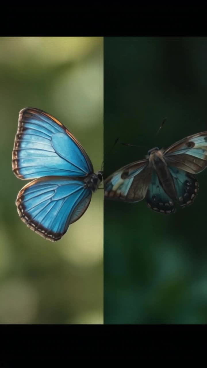 Beautiful blue butterfly, theres sharp edges around her wings, she flys upward in the forest sun, while the other half of the picture its a elegant grey and teal moth flying up into a dark moonlit night, the butterfly and moth mirror eachother