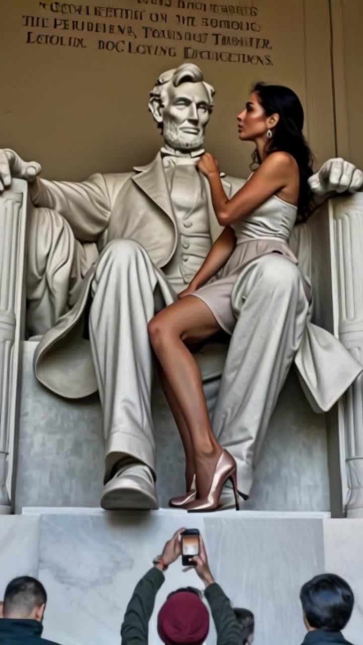 A woman sits in the lap of the statue of Lincoln and tries to flirt with him, tickling his chin, pursing her lips