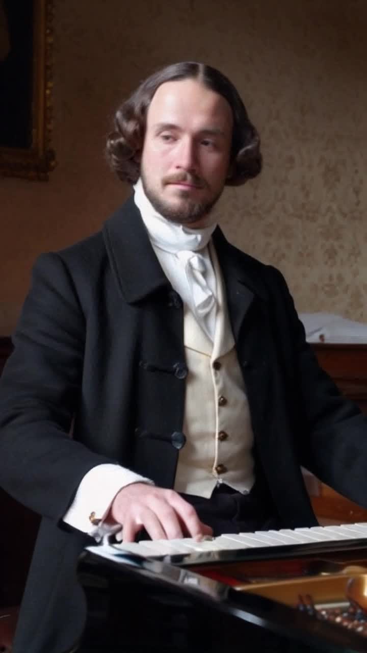 A photo realistic historically accurate RAW video of Mozart at the piano Mozart is dressed in historically correct period costume but has prominent vampire teeth and black faeries wings