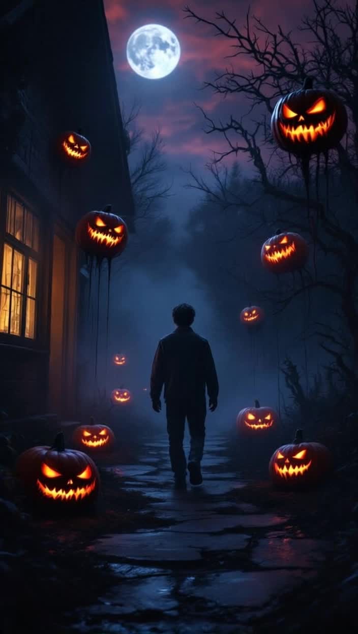 Eerie pumpkins with twisted smiles flicker under haunting moonlight whisper secrets of insanity as Alex strolls nervously through his dimly lit home with shadows stretching ominously around him The walls weep black tar while grotesque whispers seep from electrical sockets filling the air with dread Laughter fades echoing past memories of a classic Halloween as vibrant costumes blend into surreal terror Intrusive sounds crackle on a flickering TV screen showcasing Alexs distorted visage pleading for escape Dawn breaks revealing Alexs shattered spirit gazing at a vibrant sky tinged with loss marked by lingering claw noises hauntingly behind him