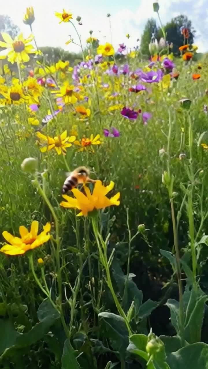 Honeybee buzzing gracefully through vibrant wildflowers dancing in rhythmic waves of sunlight illuminating lush greenery surrounding a serene meadow filled with soft whispers of nature shimmering petals fluttering in gentle breezes