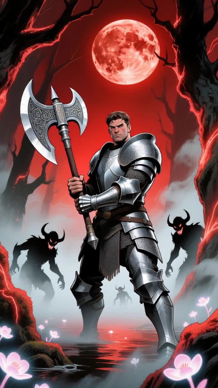 Valiant trailblazer warrior bathed in golden light brandishing a colossal axe radiant with divine energy Launches into battle charging forward with fierce determination against swirling shadows of darkness across a rugged terrain illuminated by flickering flames piercing through night sky filled with ominous clouds rumbling with thunder echoing the warriors battle cry against encroaching evils