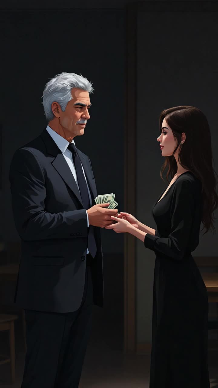 Grey haired hispanic man in his 50s being handed money from a beautiful brunette woman