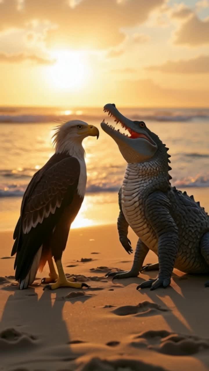 A majestic yet fearsome hybrid beast stands on a sandy beach at sunset, a fusion of a powerful crocodile and a mighty eagle This creature has the muscular, scaled body and powerful tail of a crocodile, while its front limbs transition into massive, feathered wings Its head combines the sharp beak and piercing eyes of an eagle with the armored jawline of a crocodile, exuding both grace and menace The golden light reflects off the gentle ocean waves behind it, while the wind ruffles its feathers and scales The hybrid creature stands as a ruler of both land, sea, and sky, a true apex predator of a mythical world