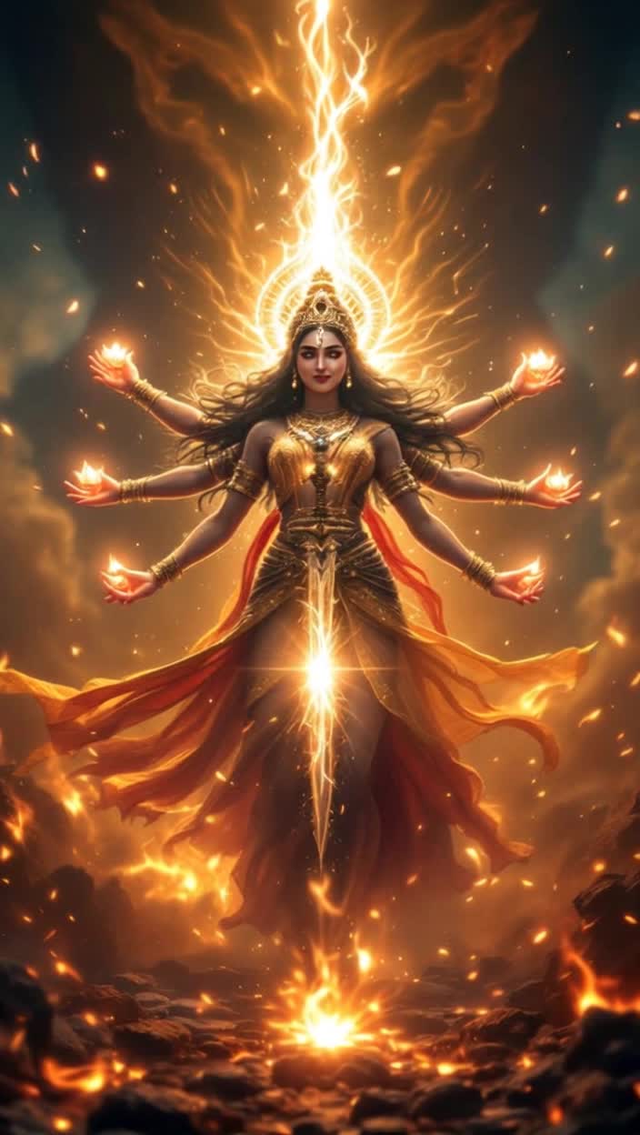 Majestic Goddess Katyayani radiates divine strength creating a powerful presence in a vivid animated reel Chaos surrounds her as the ominous shadow of Mahishasura looms generating destruction and dread Lights ignite capturing the fury of Brahma Vishnu Mahesh transforming into a radiant figure with swirling brilliance A serene yet fierce closeup unveils Katyayani her four arms embracing a sword and lotus symbolizing power and peace Darkness retreats as she triumphantly dispels evil with divine light The scene transforms revealing tranquility as she smiles softly invoking worshippers on Navratri capturing the essence of devotion with grandeur and beauty