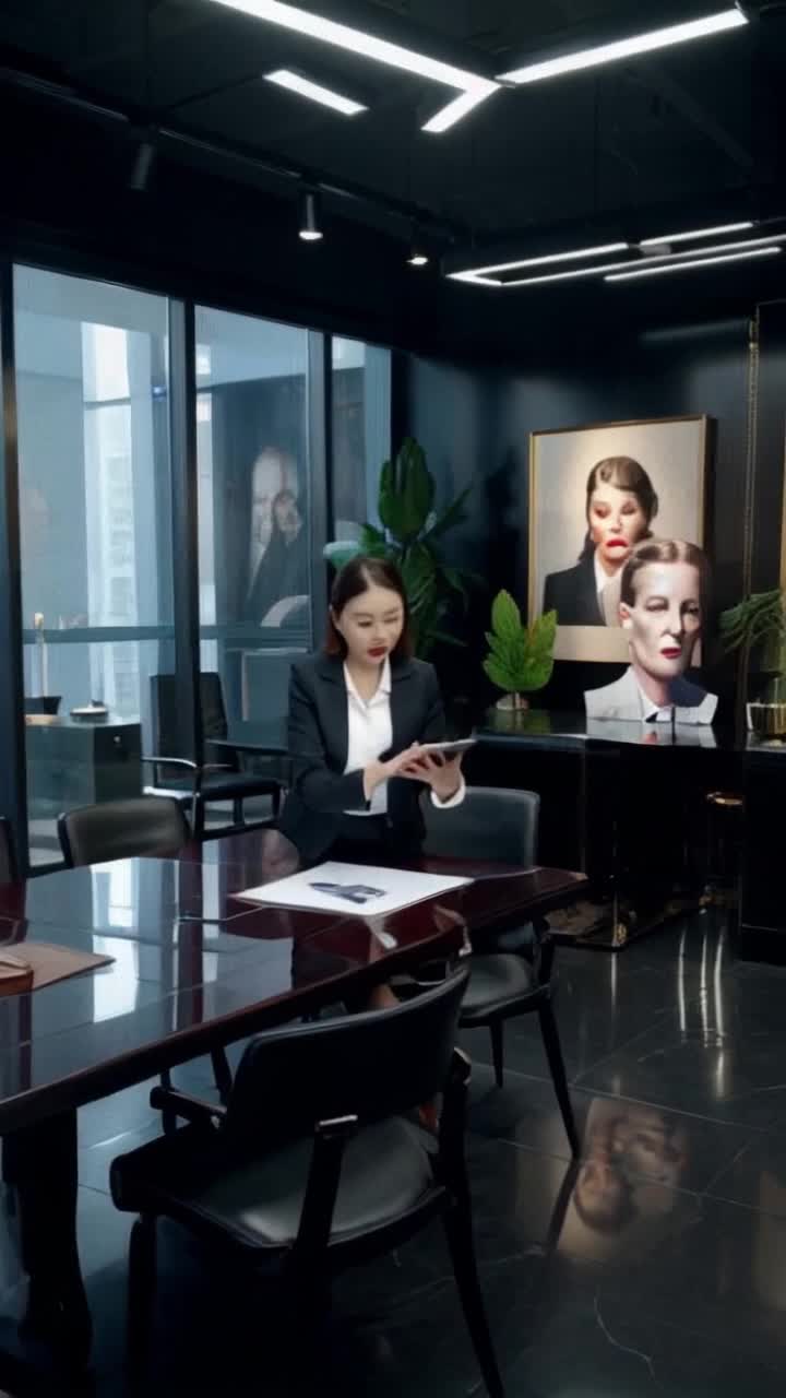 Elegant woman with swift fingers curating AI portraits grotesque caricatures emerging from polished boardroom figures shattering facades revealing hidden truths walls adorned with corporate art flickering overhead lights casting distorted shadows intriguing tension filling the air as expressions twist into shock and disbelief