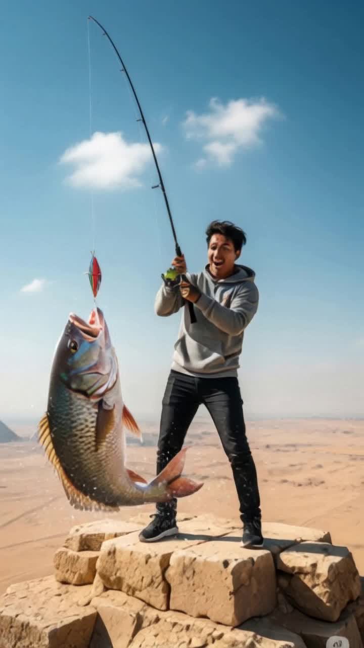 A hyperrealistic cinematic do reeling in a massive, colorful fish that is leaping out of the air in front of him His hoodie is slightly fluttering in the desert breeze, his expression is amazed and joyful, and the fish is wet, detailed, with glistening scales reflecting sunlight The background is a sharp blue sky with a few white clouds, and the desert stretches clearly below The shot is clean, highcontrast, with strong daylight shadows and no haze The mans full body is visible, midaction pose, with dramatic clarity and photorealistic lighting, soft bokeh on distant desert background
