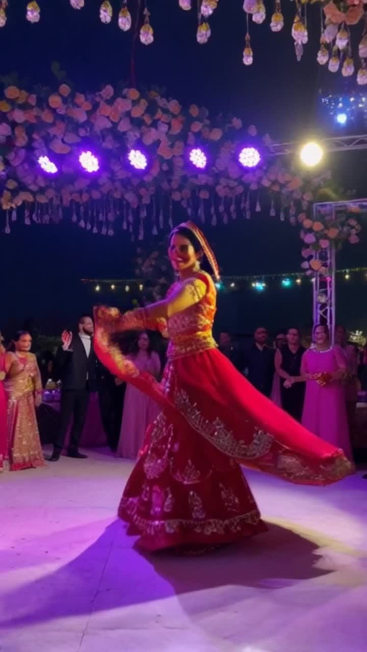 Vibrant character shining in traditional Punjabi bhangra attire twirls joyfully under shimmering lights radiating energy Celebratory atmosphere bursting with colorful decorations and elegant floral arrangements pulsating rhythm of upbeat DJ music fills the air as guests sway and cheer creating a lively and joyous vibe capturing the essence of love and celebration